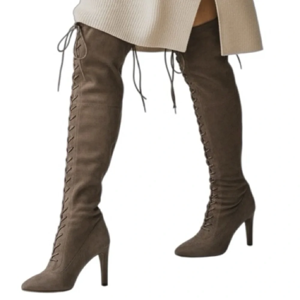 WILD DIVA Faux Suede Lace Up Front Over the Knee Heeled Boots Size 7 Brown